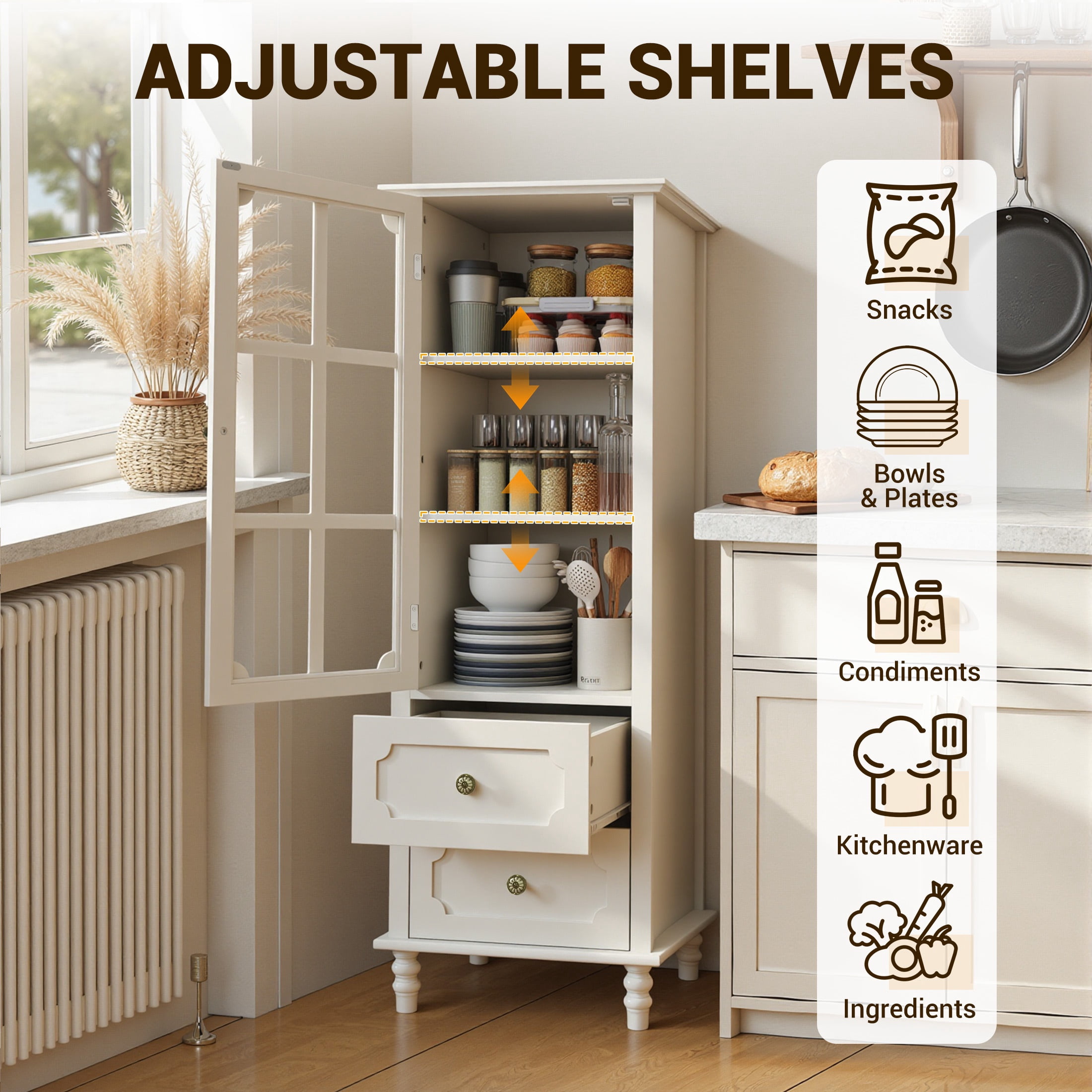 SESSLIFE Small Pantry Cabinet with Glass Door and 2 Drawers, Freestanding Storage Cabinet with Adjustable Shelves for Kitchen, Dining Room, Coffee Bar and Small Spaces, White