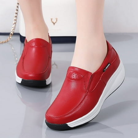 

HHH Bright Red Pumps Women s Platform Casual Shoes Spring and Autumn Leather Rocking Shoes Slip-on Soft Bottom Mom Leather Shoes