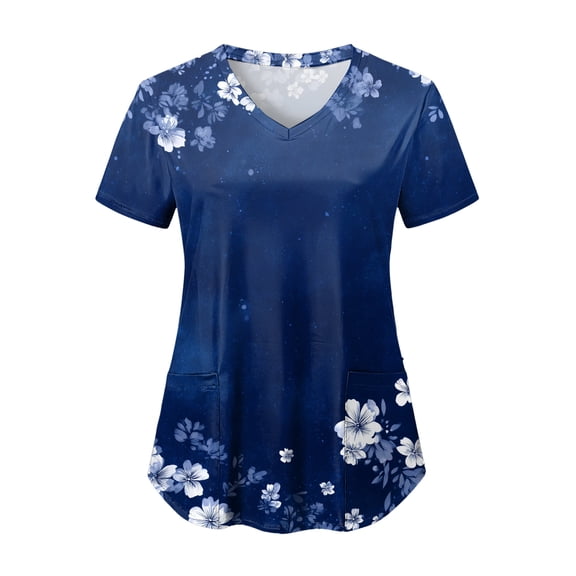 COMVALUE Scrub Tops Women Short Sleeve Plus Size V Neck Fun Printed Scrubs Top Medical Nursing Uniforms with Pockets (Dark Blue, S)