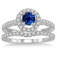 thumbnail image 2 of 6mm Round Cut Halo Art Deco 2.25 Carat Blue Sapphire And Moissanite Diamond Antique Floral Halo Bridal Set on 10k White Gold, 2 of 2