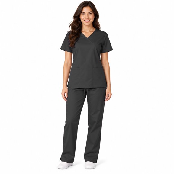 ACTIVE UNIFORMS Women Mock Wrap/Flare Pant Set Medical Scrub Set (Black, X-Small)