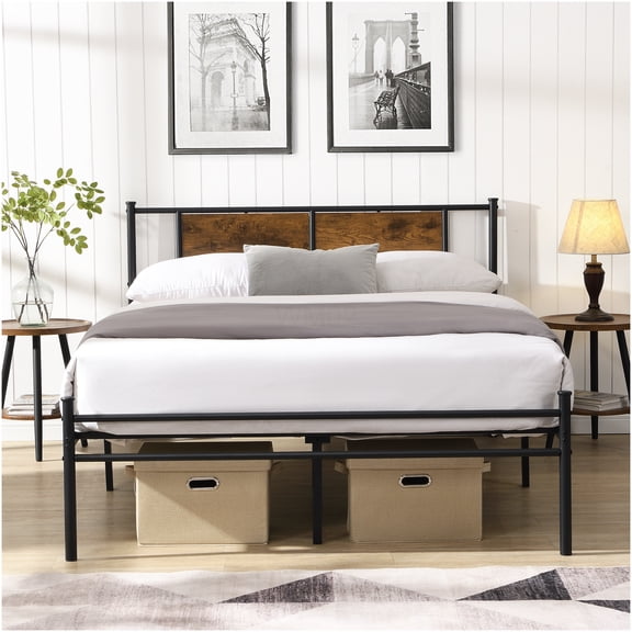 Queen Size Bed Frame with Storage, Black Metal Platform Bed with Wood Headboard, No Box Spring Needed, Heavy Duty, Easy Assembly
