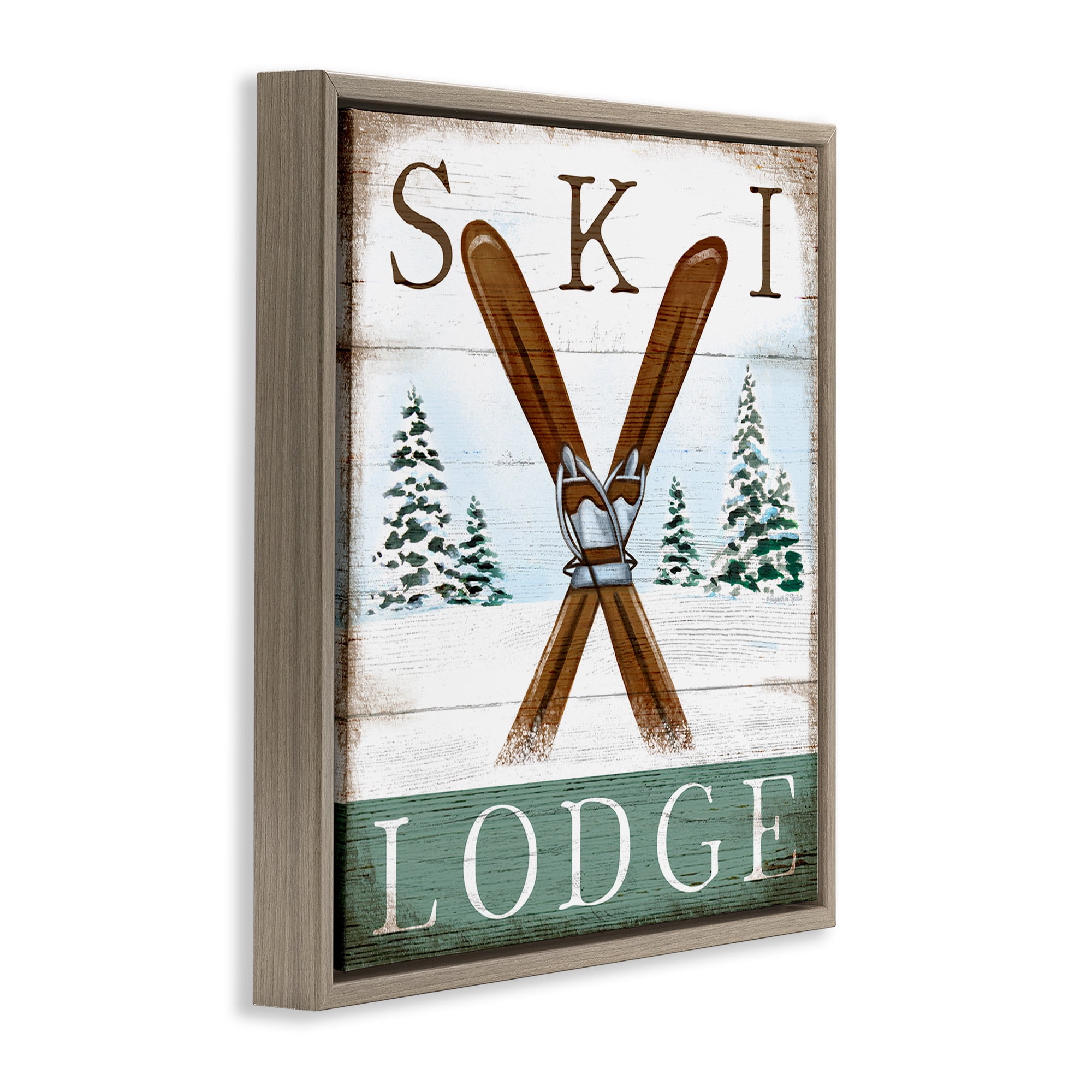 Stupell Industries Ski Lodge Rustic Cabin Sign Sports Painting Brown Floater Framed Canvas Art Print Wall Art, 18 x 18