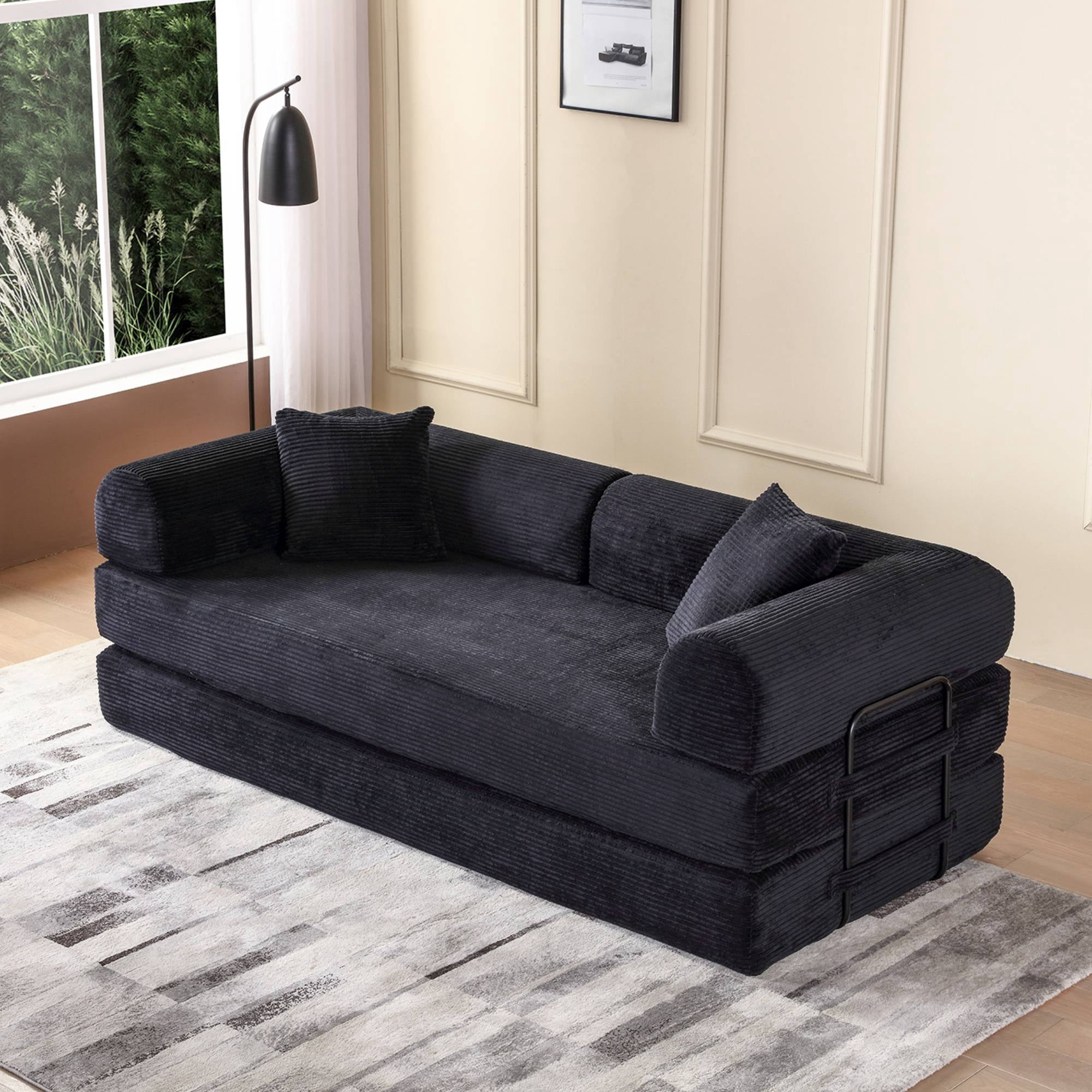 Convertible Sleeper Sofa Bed with Pillow, Corduroy Folding Mattress Floor Sofa Lounge Couch for Living Room, Bedroom, Black