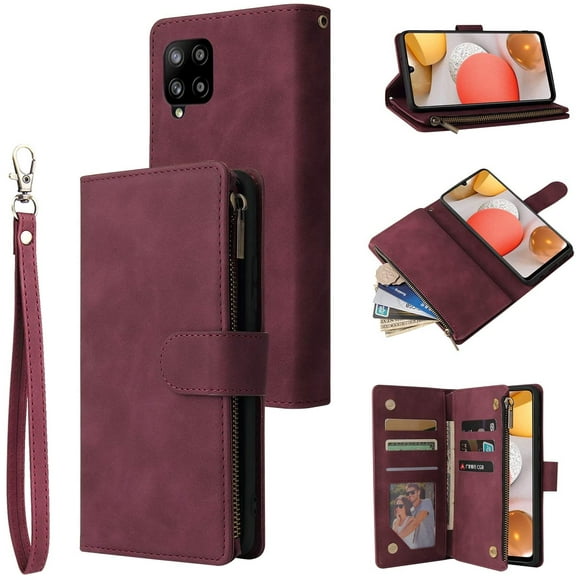 UEEBAI Wallet Case for Samsung Galaxy A12 5G, Premium Vintage PU Leather Magnetic Closure Handbag Zipper Pocket Case