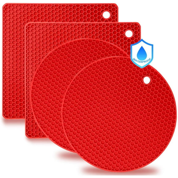 4 Pack Silicone Trivet Mats BPA Free - Heat Resistant Thicken Pot Holders, Multipurpose Hot Pads Non-Slip for Kitchen Potholder, Hot Dishes, Jar Opener, Spoon Rest, Drying Mat (Red)