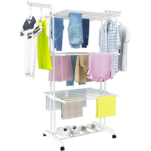 Clothes Drying Rack, Large 4-Tier Foldable Drying Rack Clothing(67.7H x 19.7W x 30L Inches), Movable Drying Rack with 4 castors. Multifunctional Stainless Steel Laundry Drying Rack, White