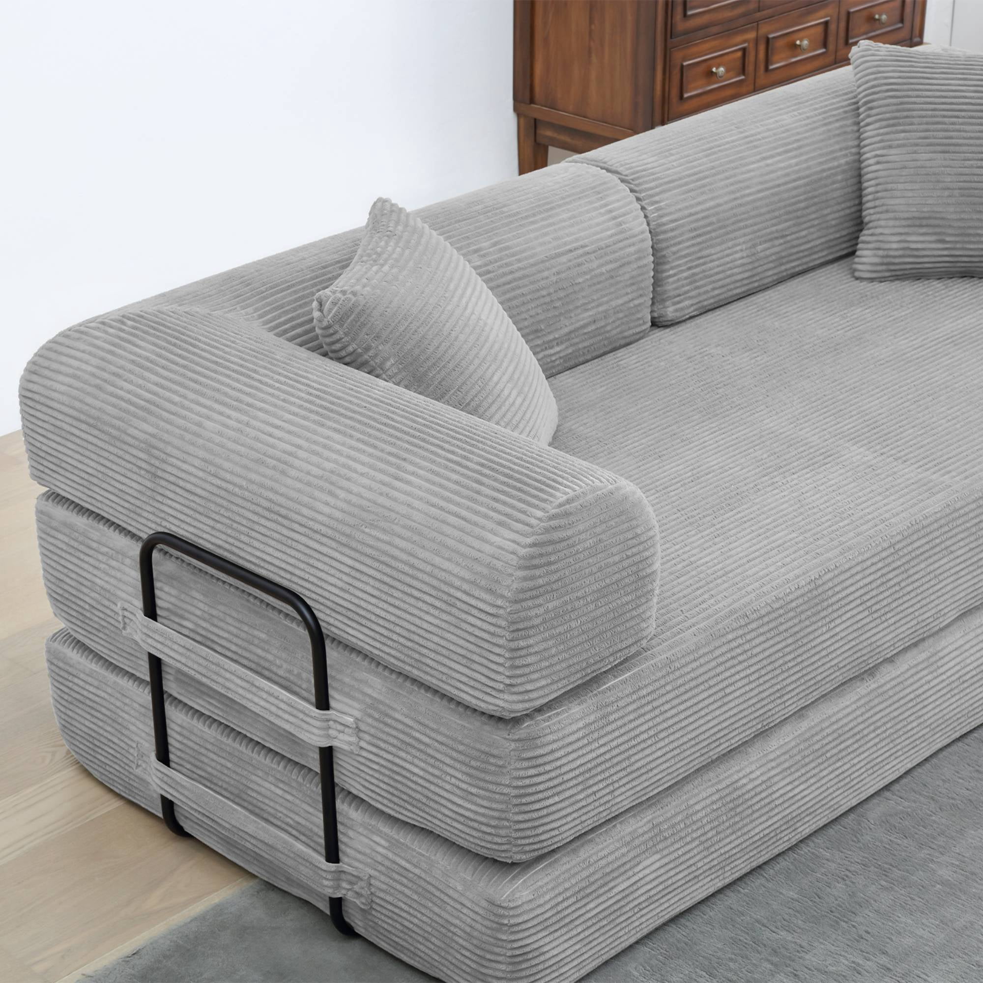 Convertible Sleeper Sofa Bed with Pillow, Corduroy Folding Mattress Floor Sofa Lounge Couch for Living Room, Bedroom, Light Grey