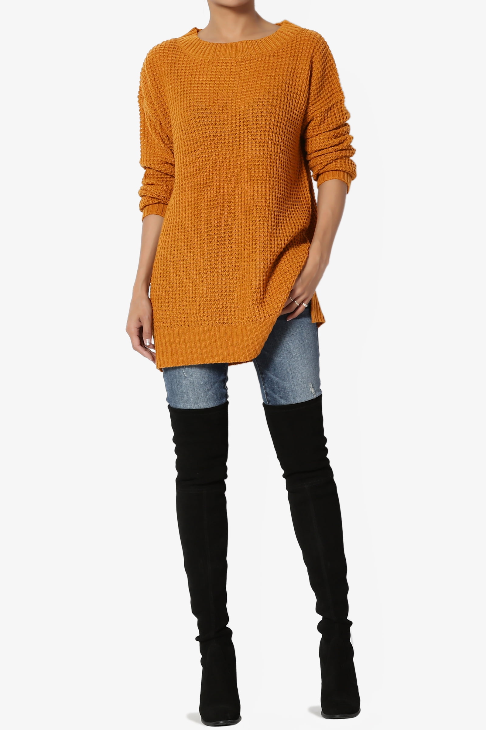 TheMogan S~3X Rib Slit Hem Long Sleeve Round Neck Pullover Waffle Knit Sweater
