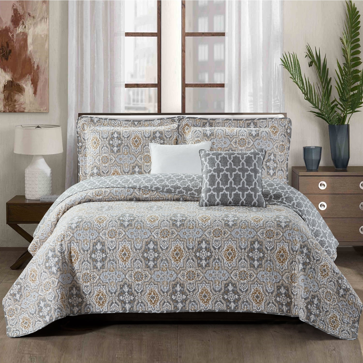 Home Soft Things 5 Piece Printed Microfiber Quilt Set - Lanza - 90" x 90"
