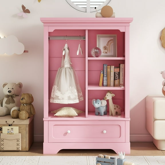 Safe & Easy Access Pink Children's Wardrobe 31.5" x 15.7" x 47.1" with Hanging Rod, Open Shelves, & Oversized Drawers