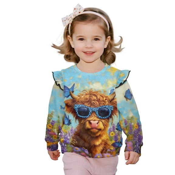 Xixirimido Highland Cattle Butterfly Floral Print Toddler Girls Sweatshirt Ruffle Shoulder Long Sleeve Sweatshirts Graphic Pullover Top Girls Sweater Casual Fall Winter Clothes, for 3-4T