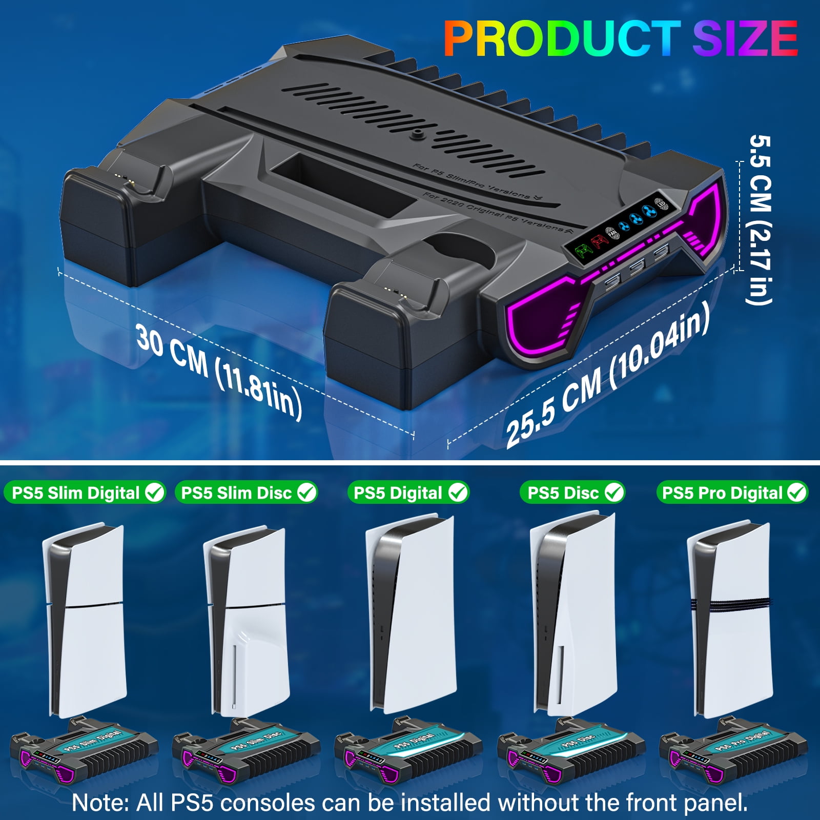 PS5 Stand with Cooling Fan, ZRZLMVP PS5 Cooling Station with Dual Controller Charging Station,PS5 Accessories for PS5 Standard Edition & Slim Edition & Pro Edition consoles - Black