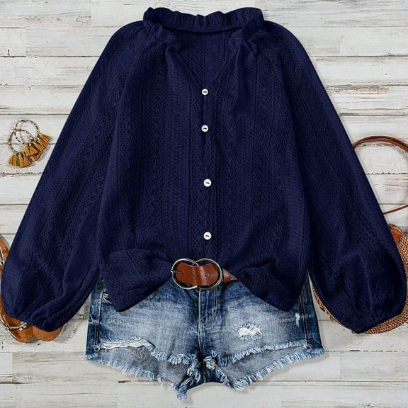 Ndbuld Womens Tops Womens Long Sleeve Tops Round Neck Dress Shirts Casual Basic Pullover Navy M