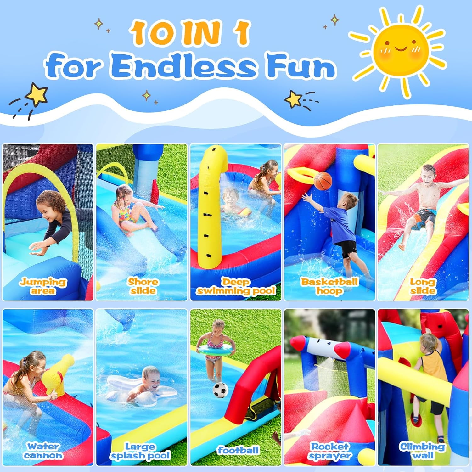 Acpouw 10 in1 Inflatable Water Slide for 3-12 Years, Bounce House with Climbing Wall, Ball Pool, Water Guns, Basketball Hoop, Soccer, Boxing Game, Indoor/Outdoor Kids Bouncy Castle with Blower