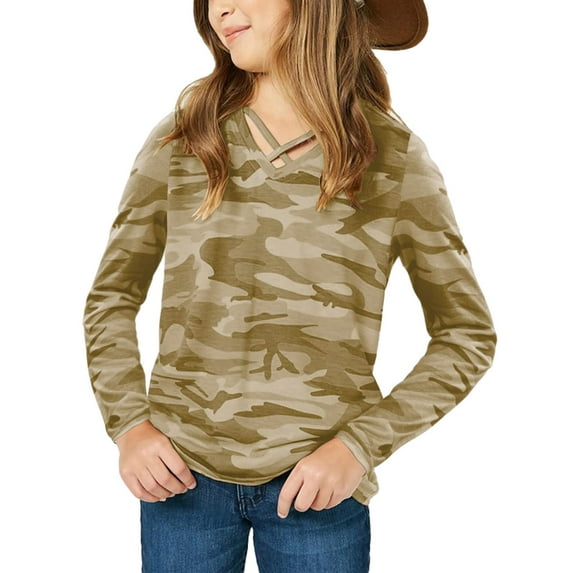 Sherrylily Kids Camouflage Stripe Long Sleeve Tops V Neck Criss Cross Tees Girls Casual Blouse(4-15T)