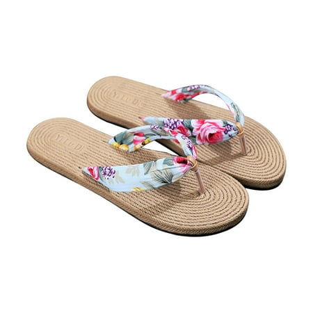 

Babysbule Womens Shoes Clearance Women Shoes Summer Floral Flip Flops Beach Sandals Thongs Slippers Sandals Imitation Hemp Rope Travel Flip-flops Flat-bottom