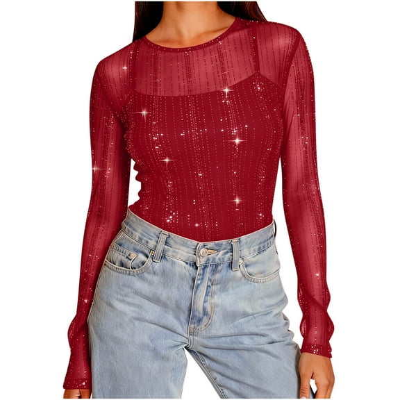 Glitter Mesh Tops for Women Long Sleeve Crew Neck Shiny Going Out Outfits See-thought Slim Fit Party Clubwear (XL, Red A)