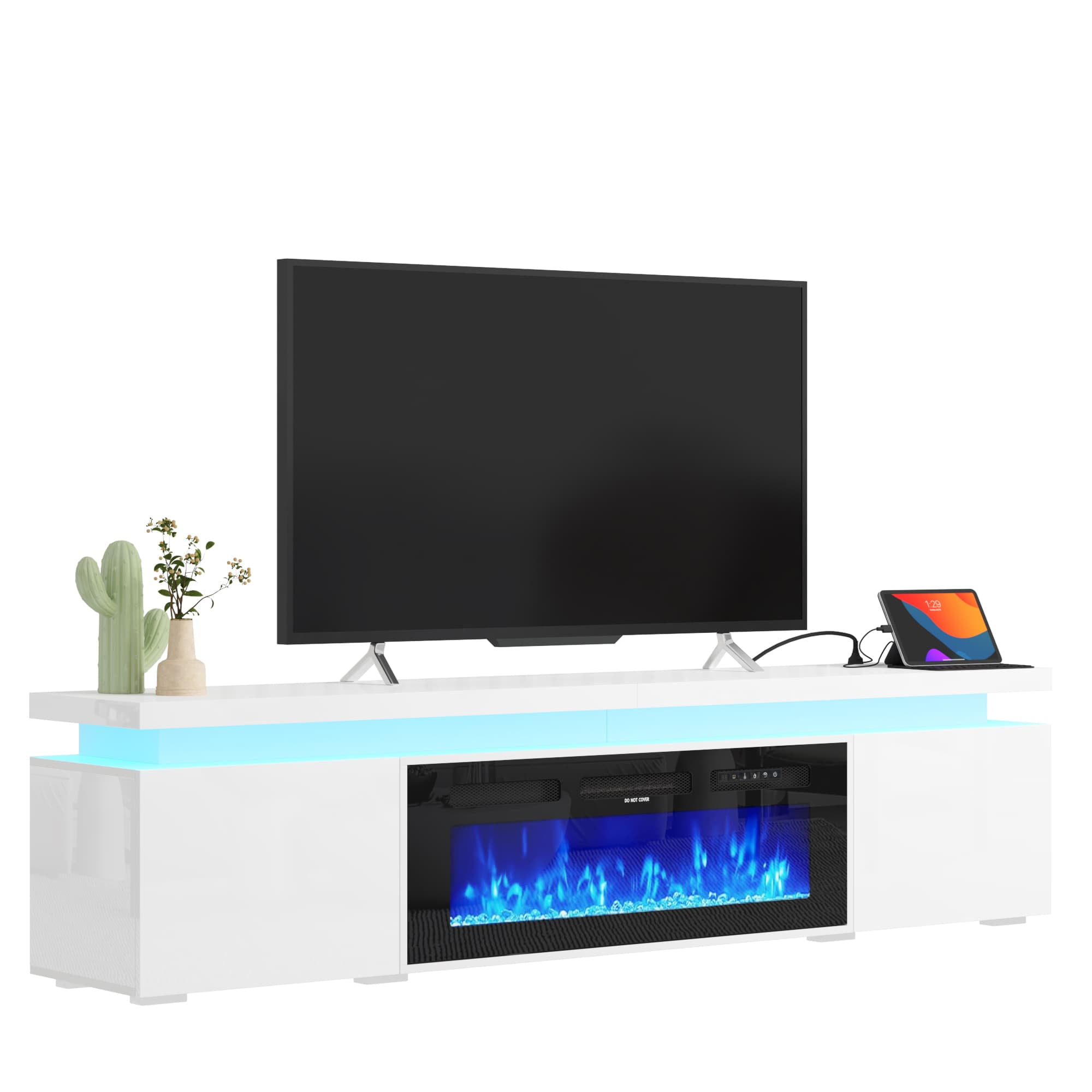 Fireplace TV Stand for 70" 75" 80" with LED Light & Outlets, 70" Large Entertainment Center Gaming Soundbar Shelf with 40'' Electric Fireplace