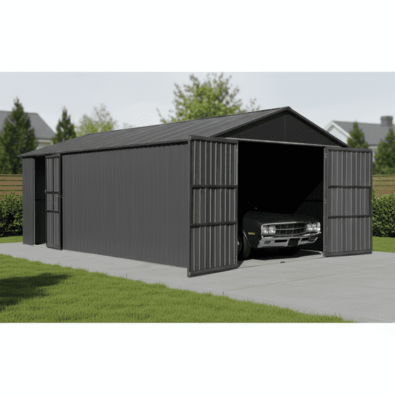 DuraYu 12x15 ft Steel Garden Storage Shed with Double Doors, Lockable, Dark Grey