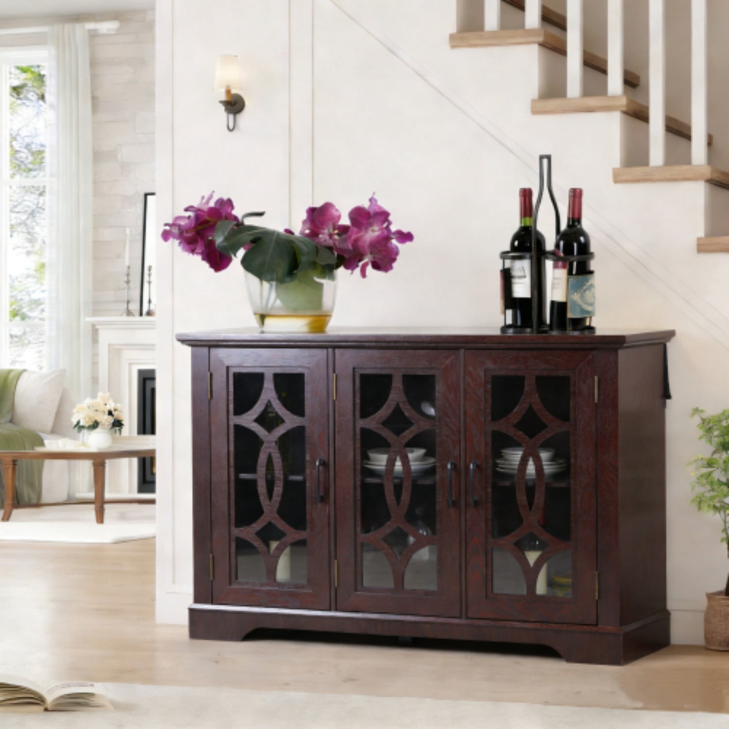 48.66" 3-Door Glass Sideboard Buffet Cabinet, MDF Storage Credenza with Adjustable Shelf, Tempered Glass Display Cabinet for Dining Room Kitchen Living Room, Ox Blood Red