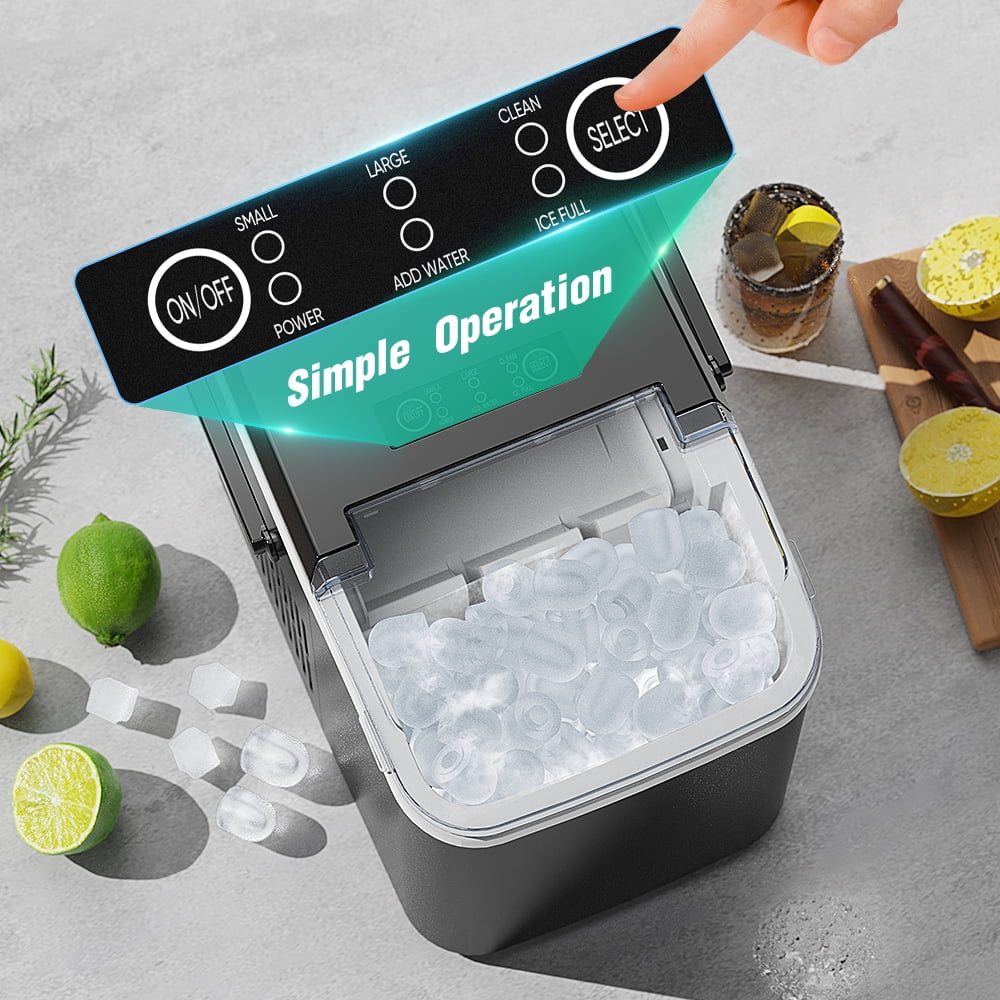 Portable Self Cleaning Countertop Ice Maker Machine, 6 Mins/9 Pcs, 26.5lbs/24Hrs, 2 Sizes of Bullet Ice, Ideal for Kitchen, Office, and Parties, Stainless Steel Black Ice Maker with Scoop and Basket