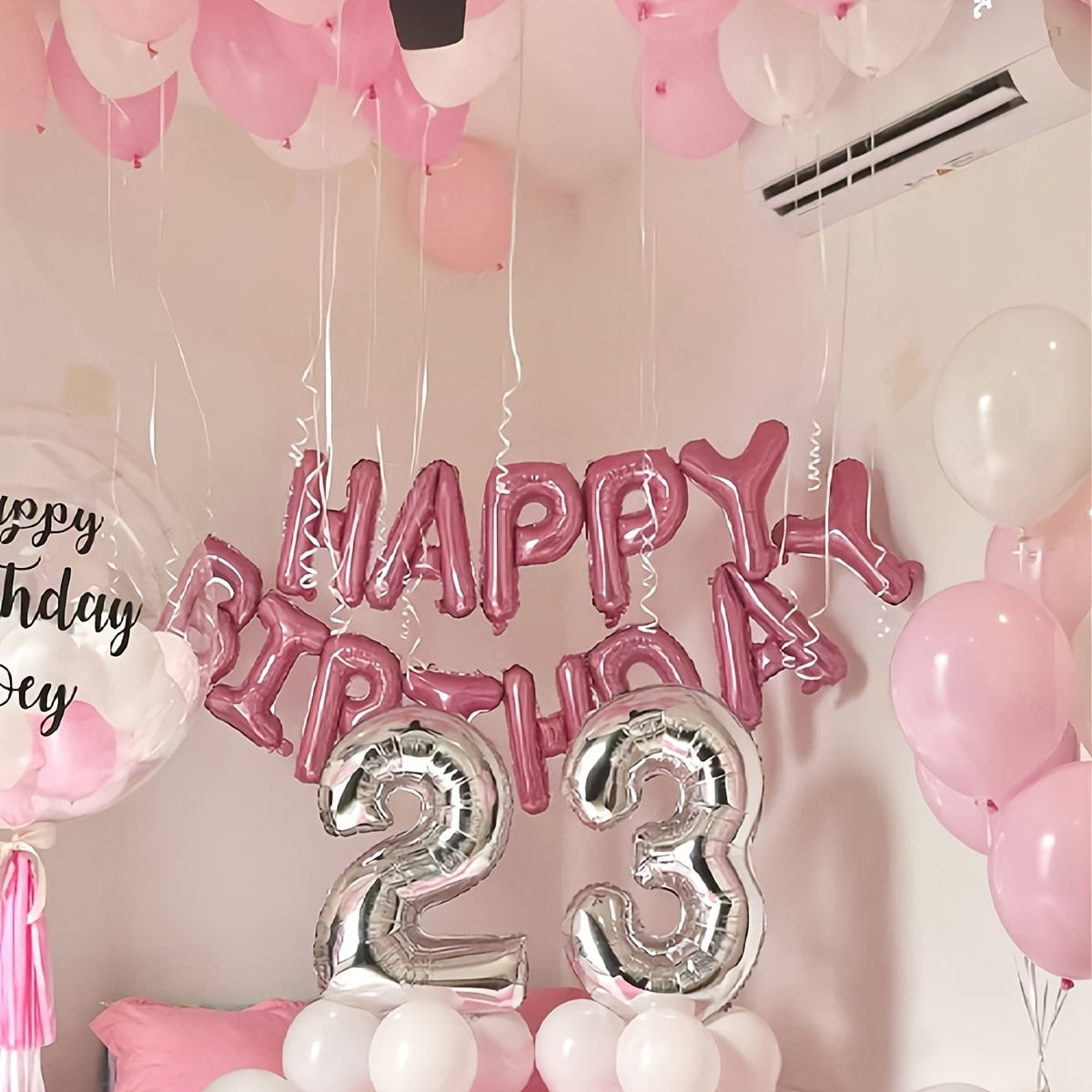 53pcs Pink and White Birthday Balloon Set - Pink Heart-Shaped Latex Balloons with "Happy Birthday" Letter Balloons,Aluminum Film Balloons for Birthday Parties