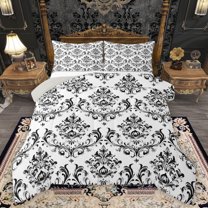 Homewish Vintage Western Damask Queen Comforter Set for Adult, White Black Flower Print Bedding Sets, Boho Mandala Reversible Bedding Comforter Set, Luxury Bedroom Decor, 3-Piece