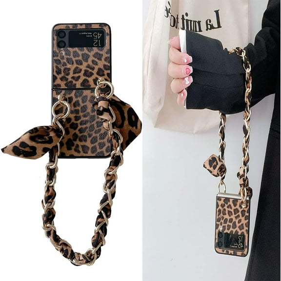 Compatible with Samsung Galaxy Z Flip 3 Case Metal Chain Link Lanyard,Cute Women Girls Leopard Print Bracelet Wristband Strap Soft TPU Bumper Protective Phone Cover, Brown