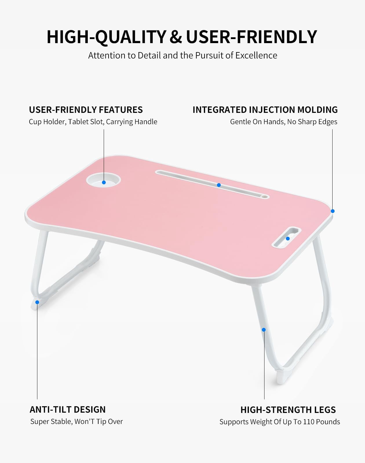 Laptop Bed Desk  Foldable Lap Portable Table Stand With Cup Holder & Tablet Slot Lifting Handle For Working Writing Drawing Eating - Pink