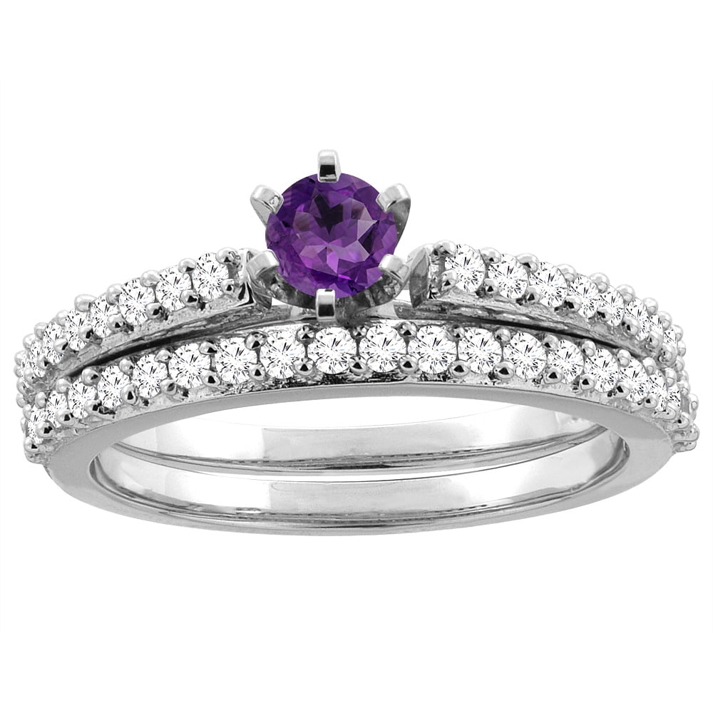 14K White Gold Natural Amethyst 2-piece Bridal Ring Set Round 4mm, size 5 by Gabriella Gold