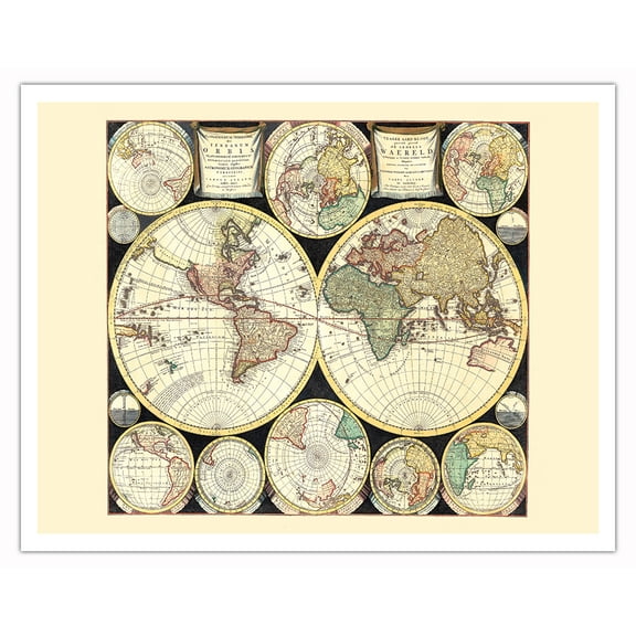 The Terrestrial Planisphere (Planisphaerium Terrestre Sive Terrarum Orbis) - Vintage World Map by Carel Allard c.1696 - Fine Art Matte Paper Print (Unframed) 11x14in