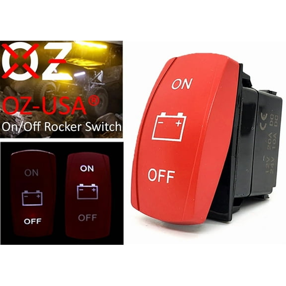 OZ-USA Battery On/Off Red Rocker Switch 4-Pin SPST Laser Etch White LED Backlit for UTV Polaris RZR XP Can-Am Truck RV Boats Marine Vessels