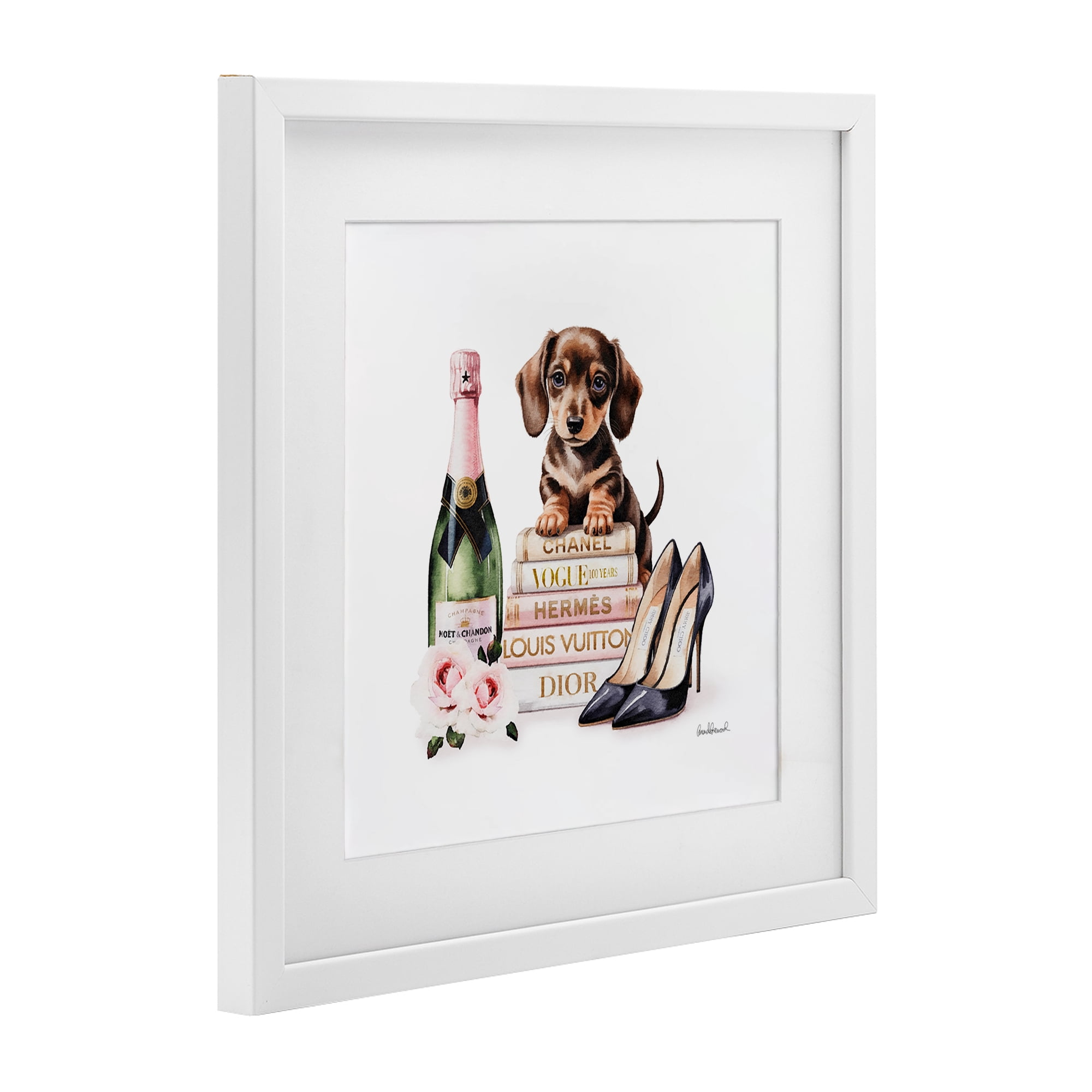 Stupell Industries Luxury Books & Puppy White Framed Print Under Glass, design by Amanda Greenwood