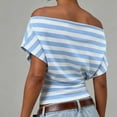 thumbnail image 3 of yillto Women off Shoudler Tops Striped Short Sleeve Shirts Casual Tunics Tees Ruched Slim Fashion Outfits, 3 of 7