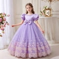 thumbnail image 4 of Girls Puff Sleeve Bow Ball Gown Dress Embroidered Mesh Floor Length Birthday Party Pageant Princess Dress (13-14 Y, Purple), 4 of 6