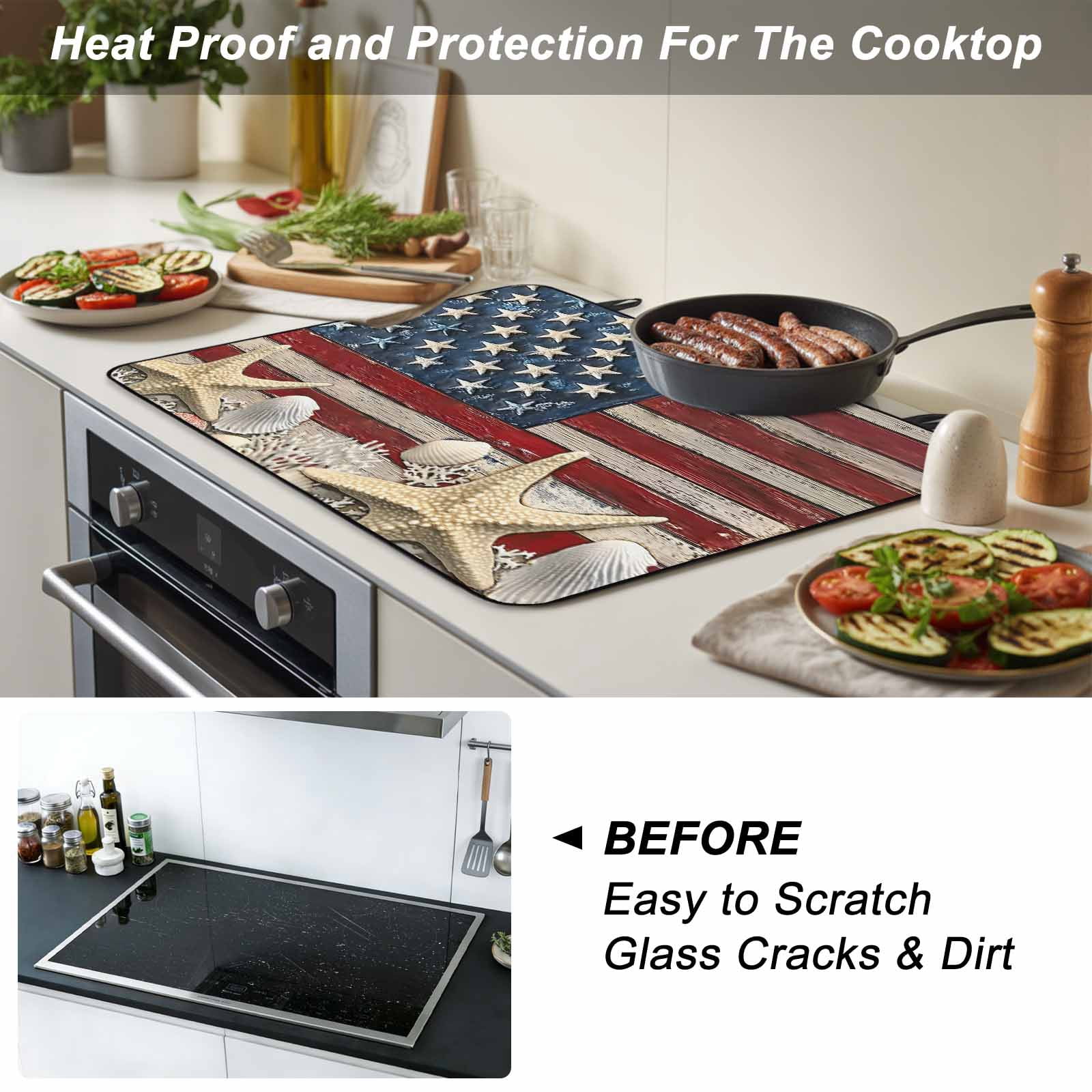 Coastal American Flag Stove Top Cover for Electric Stove, Heat-proof & Non Slip Glass Top Stove Cover Protector, Starfish Shell Vintage Kitchen Flat Cooktop Rubber Mat 24x21 Inches