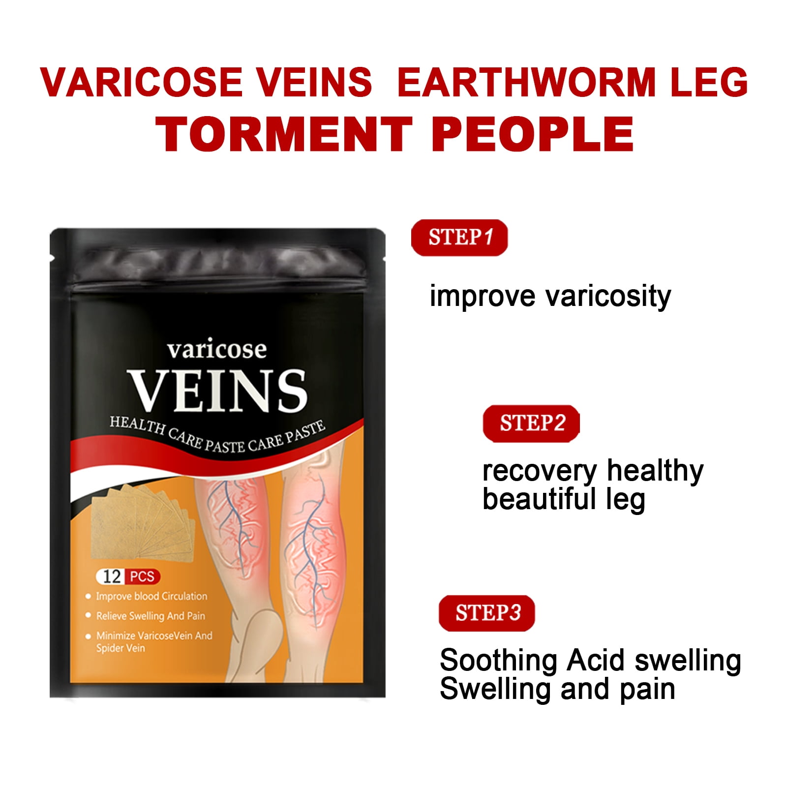 Alvantor Leg Relief Patches for Varicose & Spider Veins Treatment, 12 Pack