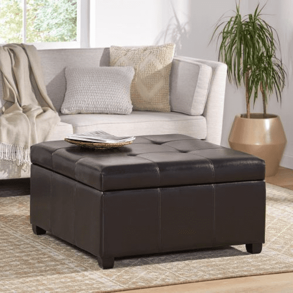 35" Square Storage Ottoman with Tufted Top and Birch Legs, Upholstered Footrest for Living Room, Espresso