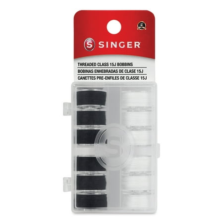 UPC: 0075691021498 | SINGER Transparent Plastic Class 15 Bobbins – Threaded-Black & White 12/Pkg