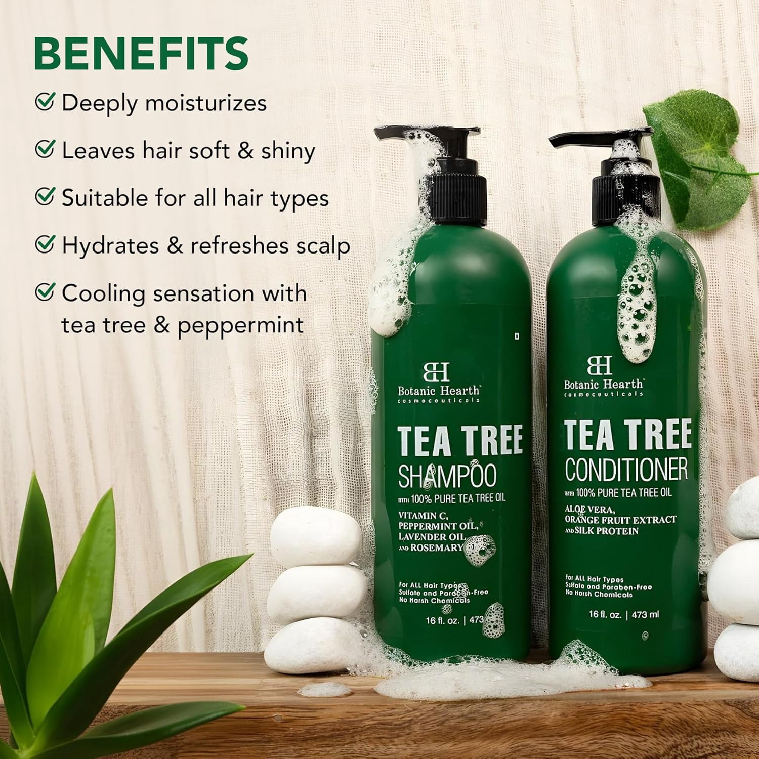 Botanic Hearth Tea Tree Shampoo and Conditioner Set - with 100% Pure Tea Tree Oil, for Itchy and Dry Scalp, Sulfate Free, Paraben Free - for Men and Women - 2 bottles 16 fl oz each