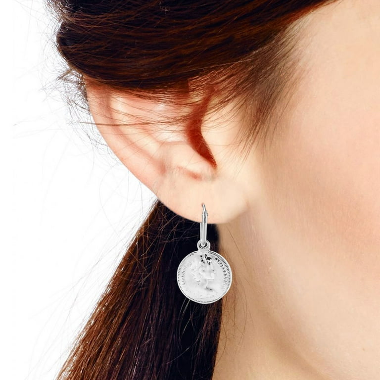 Unique Sterling Silver Coin Dangle Mini Hoop Earrings