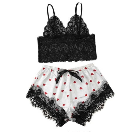 

Intimates Women Satin Lace Silk Print Camisole Shorts Bow Set Sleepwear Pajamas Lingerie Polyester Simple Long Sleeve Shirts for Women Black