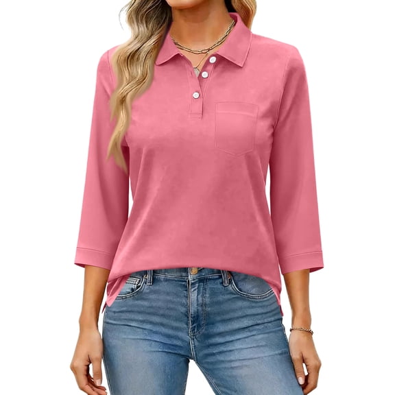 Women's Polo Shirts 3/4 Sleeve Button Down Collared Shirts Business Casual Work Tops Athletic Tennis Golf Shirt Watermelon Red 2XL