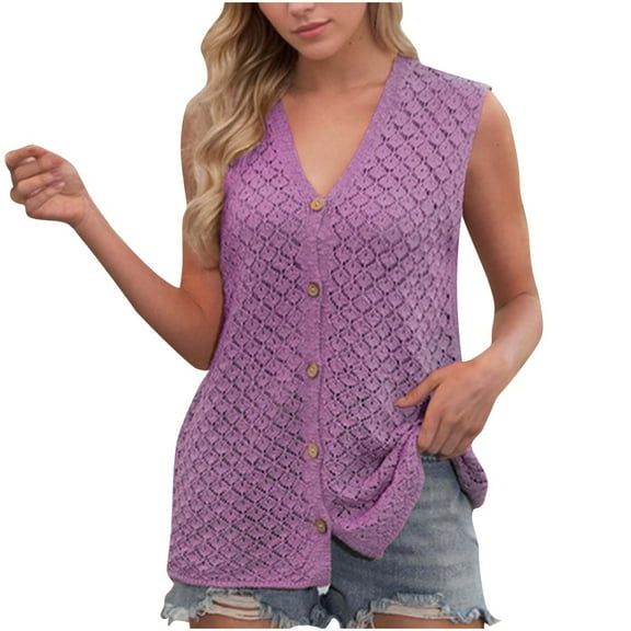 ABATAB Spring Summer Women Sweater Vest Casual Knit Sleeveless V Neck Button Down Hollow Out Fashion Tank Tops