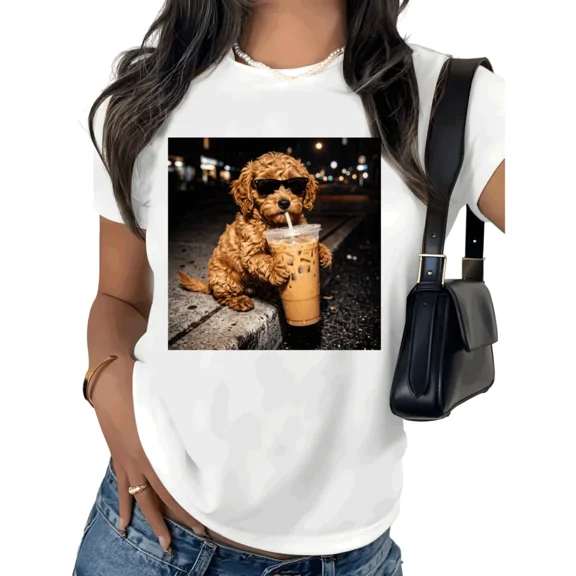 UNISHE Women's Funny Coffee Dog Wearing Sunglasses Graphic Short Sleeve T-Shirt Soft Casual Crewneck Loose Fit Tee S-5XL