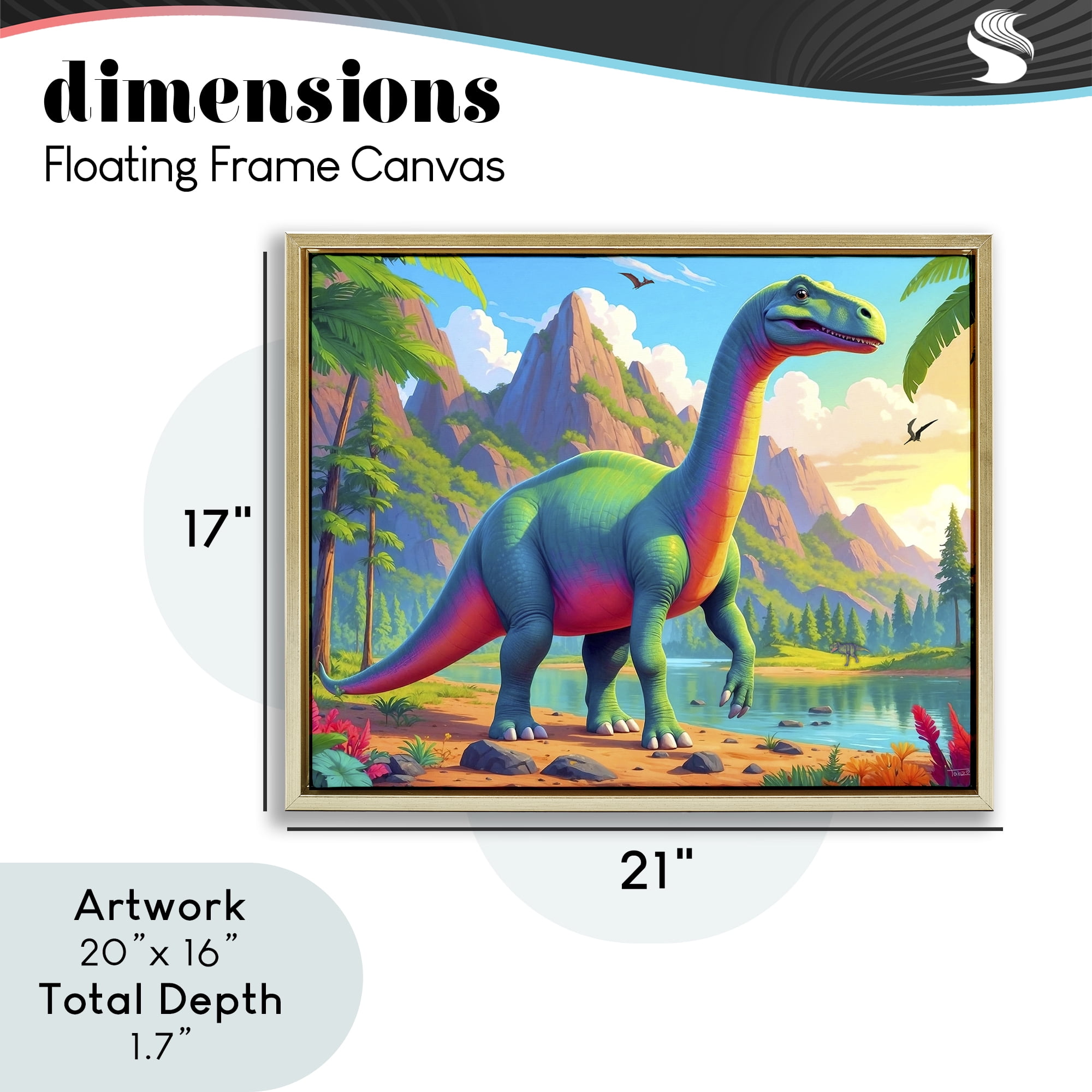 Stupell Industries Vibrant Brontosaurus by River Gold Framed Floater Canvas Wall Art, design by Tabz Jones