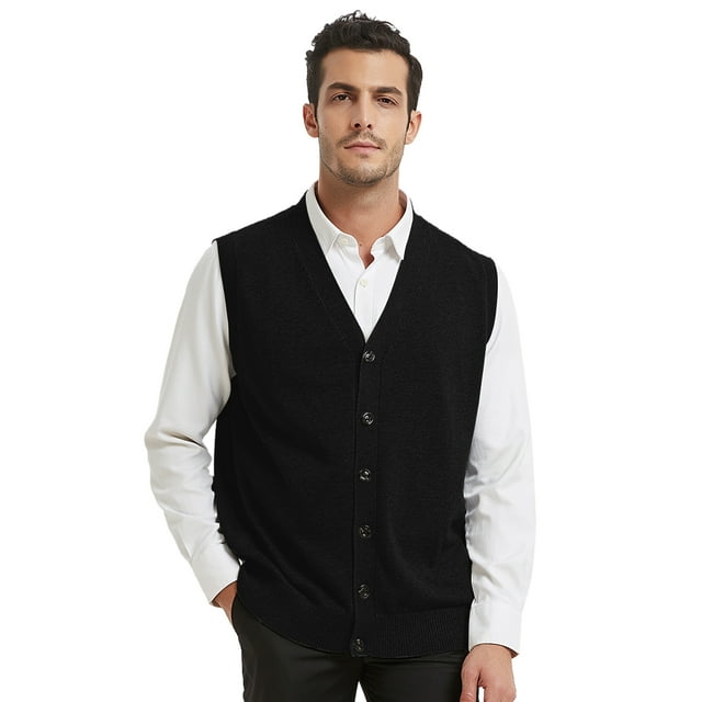 TOPTIE Men Sweater Vest Solid Knitted Lightweight Thermal Cardigan-Black-M