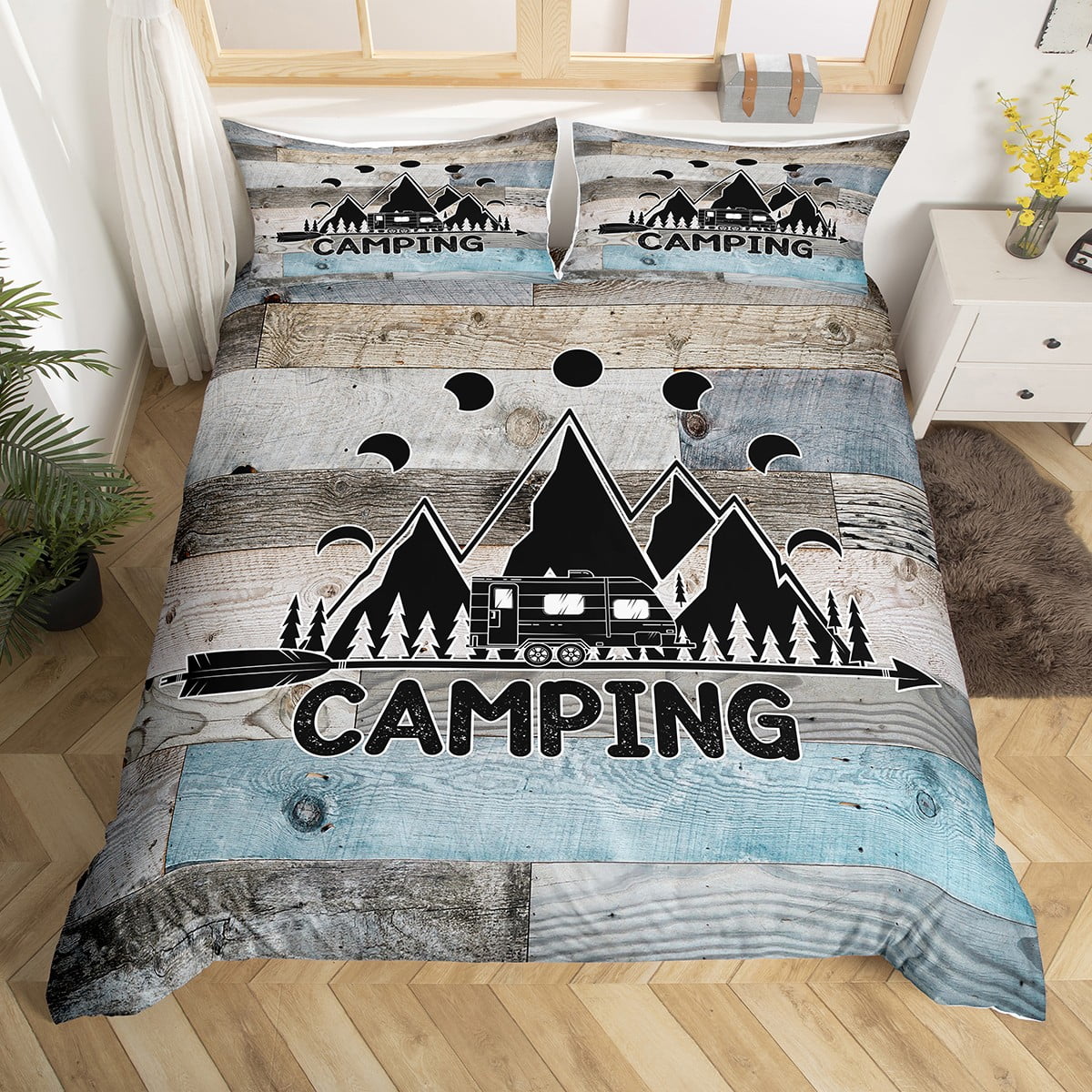 Camper Duvet Cover Camping Themed Bedding for Family Boys Girls Rustic