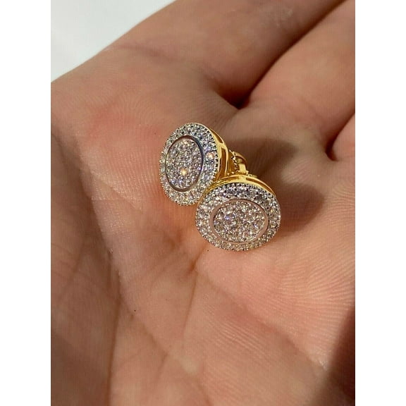 Real Moissanite 2Ct Round Cut Men's Cluster Stud Earrings 14K Yellow Gold Plated